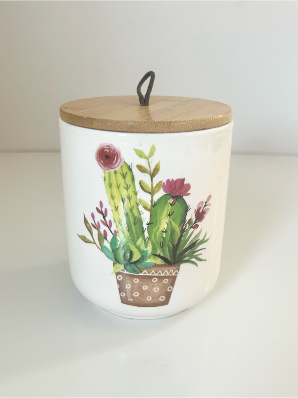 White Ceramic Storage Jar with Cactus and Floral Details